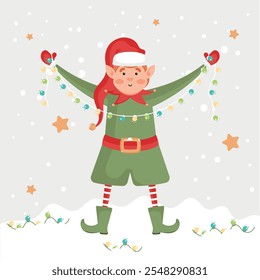 Christmas elf holding Christmas lights garland, Vector