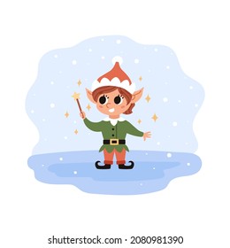 Christmas elf is holding a magic wand. Santa Claus helper. Cute vector character. Festive elf at the snowy North Pole.