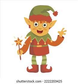 christmas elf holding magic wand in hand vector character christmas new year