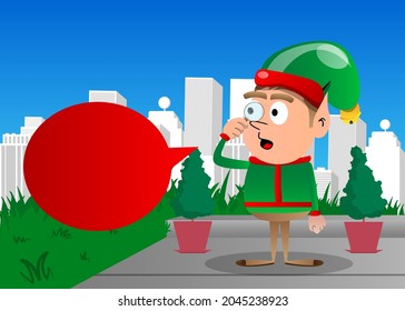 Christmas Elf holding a magnifying glass. Vector cartoon character illustration of Santa Claus's little worker, helper.