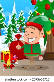Christmas Elf holding a pencil. Vector cartoon character illustration of Santa Claus's little worker, helper.