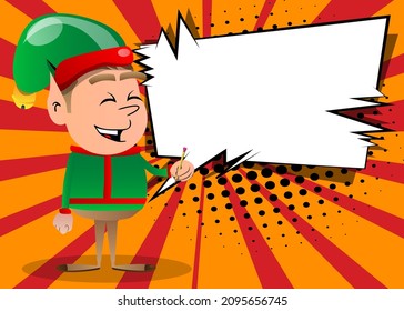 Christmas Elf holding a pencil. Vector cartoon character illustration of Santa Claus's little worker, helper.