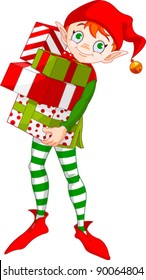 Christmas Elf holding a pile of gifts