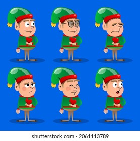Christmas Elf holding red heart in his hand. Vector cartoon character illustration of Santa Claus's little worker, helper.
