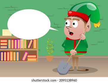 Christmas Elf holding a shovel. Vector cartoon character illustration of Santa Claus's little worker, helper.