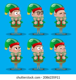Christmas Elf holding or showing money bills. Vector cartoon character illustration of Santa Claus's little worker, helper.