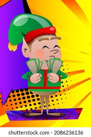 Christmas Elf holding or showing money bills. Vector cartoon character illustration of Santa Claus's little worker, helper.