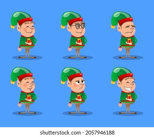 Christmas Elf holding small gift box. Vector cartoon character illustration of Santa Claus's little worker, helper.