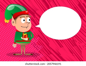 Christmas Elf holding small gift box. Vector cartoon character illustration of Santa Claus's little worker, helper.