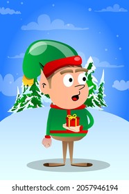 Christmas Elf holding small gift box. Vector cartoon character illustration of Santa Claus's little worker, helper.
