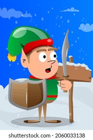 Christmas Elf holding a sword and shield. Vector cartoon character illustration of Santa Claus's little worker, helper.