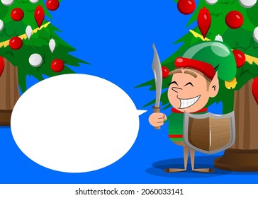 Christmas Elf holding a sword and shield. Vector cartoon character illustration of Santa Claus's little worker, helper.