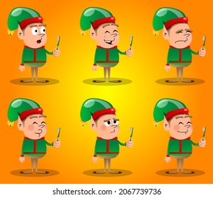 Christmas Elf holding toothbrush. Vector cartoon character illustration of Santa Claus's little worker, helper.