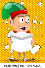 Christmas Elf holding white box. Vector cartoon character illustration of Santa Claus's little worker, helper.