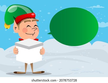 Christmas Elf holding white box. Vector cartoon character illustration of Santa Claus's little worker, helper.