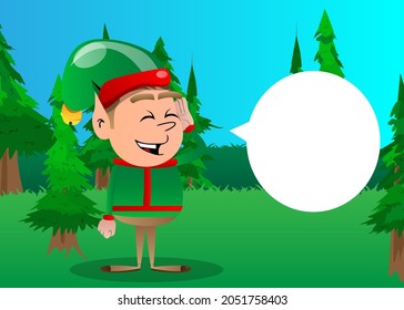 Christmas Elf holds hand at his ear, listening. Vector cartoon character illustration of Santa Claus's little worker, helper.