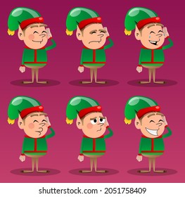 Christmas Elf holds hand at his ear, listening. Vector cartoon character illustration of Santa Claus's little worker, helper.