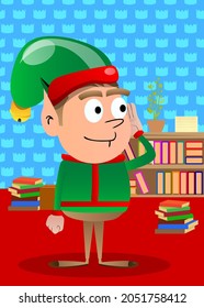 Christmas Elf holds hand at his ear, listening. Vector cartoon character illustration of Santa Claus's little worker, helper.