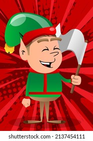 Christmas Elf holds white flag of surrender. Vector cartoon character illustration of Santa Claus's little worker, helper.