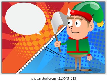 Christmas Elf holds white flag of surrender. Vector cartoon character illustration of Santa Claus's little worker, helper.