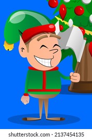 Christmas Elf holds white flag of surrender. Vector cartoon character illustration of Santa Claus's little worker, helper.