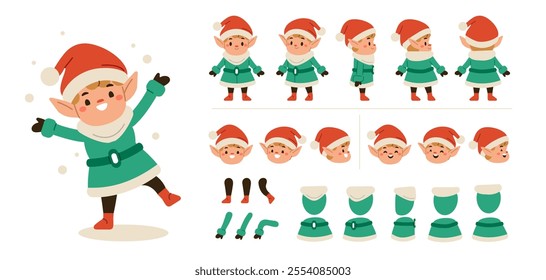 Christmas elf holiday character constructor for animation. Front, side and back view set. Body parts, postures, poses collection. Vector illustration.