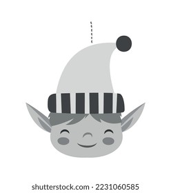 Icono del elfo de Navidad. Elemento gráfico para imprimir en tela, carácter ficticio y concepto de ayuda de Santas. Símbolo de vacaciones de invierno, Navidad y Año Nuevo. Dibujo vectorial plano de dibujos animados