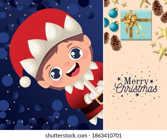 christmas elf icon and merry christmas lettering vector illustration design