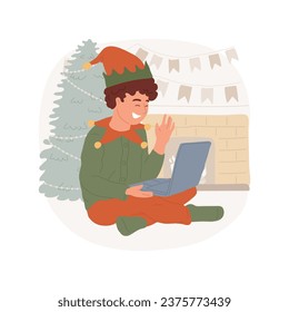 Christmas elf isolated cartoon vector illustration. Happy boy in Christmas elf costume greeting people via laptop, festive days, Christmas time, homemade xmas decoration vector cartoon.