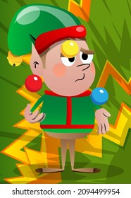 Christmas Elf juggler. Vector cartoon character illustration of Santa Claus's little worker, helper.