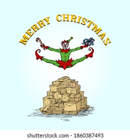 Christmas elf jumping out of a pile of presents celebrating Merry Christmas. Hand drawn vector illustration.