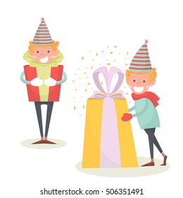 Christmas Elf keeps big gift. Christmas illustration of a cute smiling elf isolated on white.Holiday character
