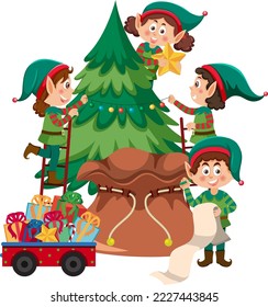 Christmas elf kids with Christmas tree illustration