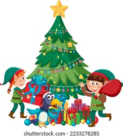 Christmas elf kids with Christmas tree illustration