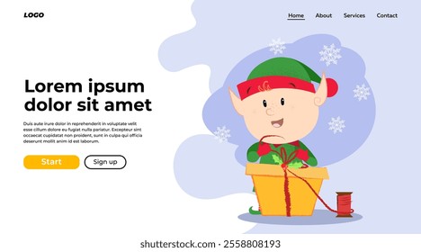 Christmas elf landing page design. Illustration of elf in green costume holding gift box. Christmas, fairy tales, celebration can be used for website and banner design