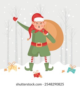 Christmas elf with large gift sack, Vector