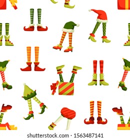 Christmas Elf Legs Flat Vector Seamless Pattern. Funny New Year, Winter Holiday Themed Texture. Colorful Clown, Jester, Santa Helpers Footwear Illustrations. Xmas Wrapping Paper, Wallpaper Design.