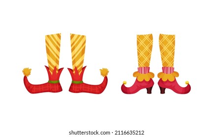 Christmas elf legs with funny yellow socks and red boots. Xmas holiday decor elements vector illustration