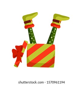 Christmas Elf legs and gift box vector illustration. Leprechaun, Santa helper cartoon character. New Year present, fairytale elfin feet in holiday packaging isolated on white background.