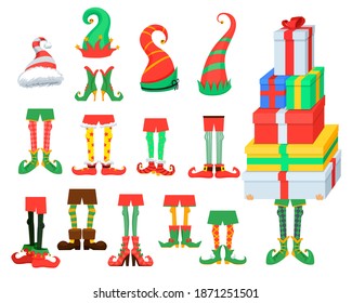 Christmas elf legs. Christmas elf hats. Shoes for elves foot, Santa Claus helpers dwarf leg in pants, funny striped socks and boots. Xmas 2020 present and winter gifts isolated vector icons set