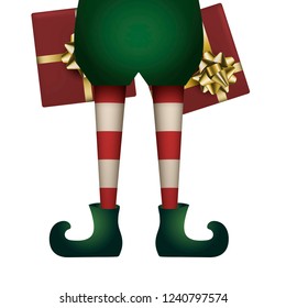 Christmas elf legs. Holiday presents in hands. Stock vector