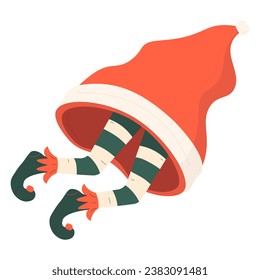 Christmas elf legs sticking out of Santa’s hat for festive decoration. Flat vector illustration.   
