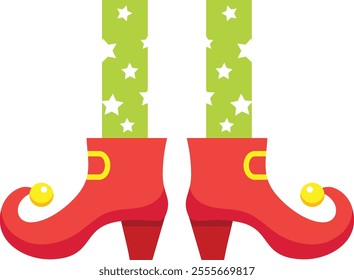 Christmas elf legs wearing green tights with white stars and red jester shoes with yellow bells and buckles, isolated on white background, in flat design style