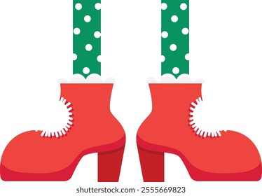 Christmas elf legs wearing red high heel boots with white fur trim and green tights with white polka dots, bringing a festive touch to holiday celebrations