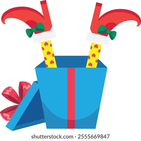 Christmas elf legs with yellow and red tights and curly shoes are sticking out of a blue gift box with a red ribbon and bow, suggesting a funny and festive surprise