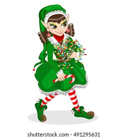 Christmas elf with lights. insulated on white background.