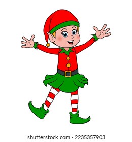 Christmas elf. Little elf is waving hands and dancing. Cute character of smiling gnome isolated on white background. Cartoon Santa Claus helper elf in costume and hat as symbol New Year and Christmas.