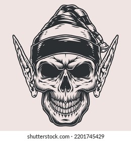 Christmas elf logotype vintage monochrome skull from New Year stories with big ears and hat for winter holidays vector illustration