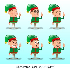 Christmas Elf making a point. Vector cartoon character illustration of Santa Claus's little worker, helper.