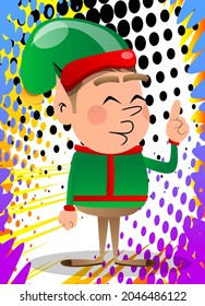 Christmas Elf making a point. Vector cartoon character illustration of Santa Claus's little worker, helper.